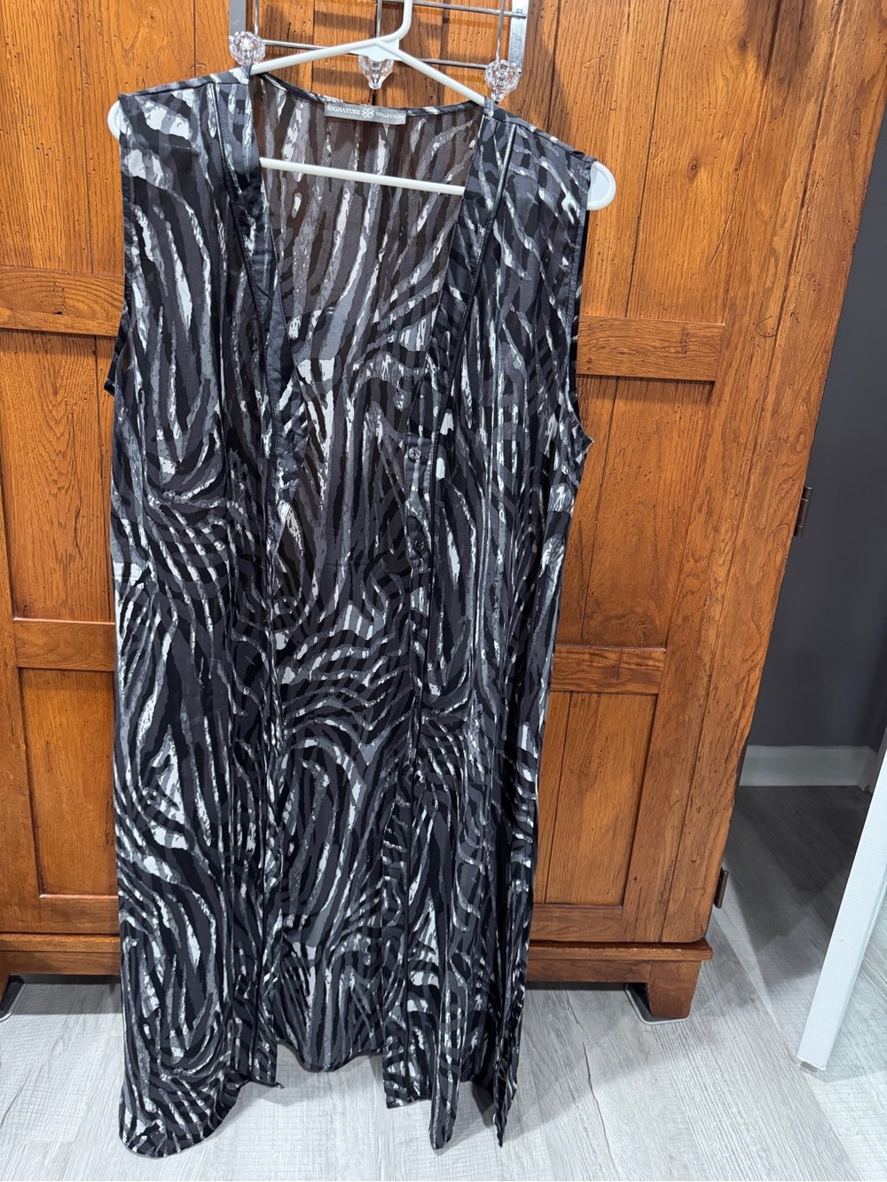 Sleeveless Black & Gray Sheer Zebra-Print Long Vest